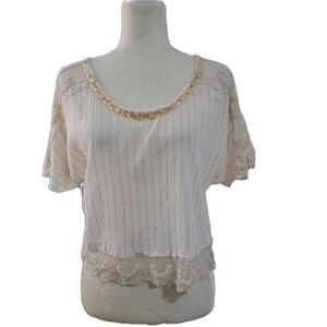 Free People Women's Short Sleeve Crinkle Lace Gold Stripe Cropped Top Sz Small